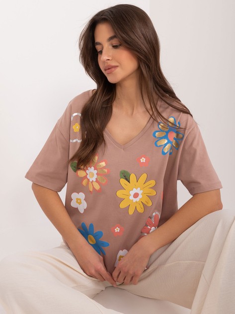 Jasnobrązowa damska bluzka w kolorowe kwiaty