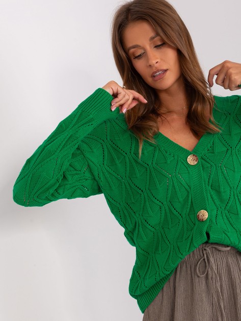 Zielony ażurowy sweter rozpinany z dekoltem V RUE PARIS